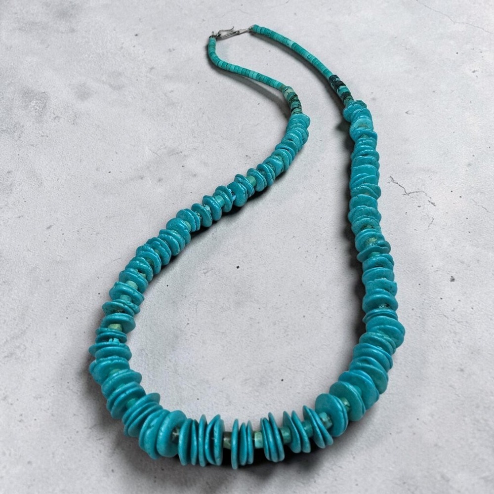 Vintage Turquoise Heishi Graduated Disc Bead Necklace Southwestern Boho Long